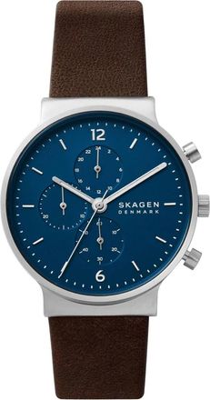 Skagen Ancher Leren Horloge Blauwe Wijzerplaat - Heren - Horloges - Grijs - ONE Size - Accessoires