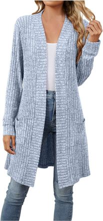 Generic Womens Fashion Leisure Outdoor Cardigan Coat Mid Length Autumn and Winter Solid Color Jumpers Long Sleeve Casual Loose Sweater with Pocket Blue