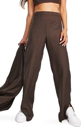 Topshop High Waist Side Slit Trousers - Brown