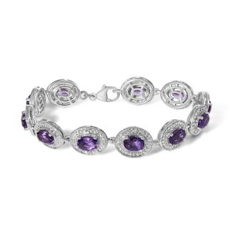 House of Brilliance Sterling Silver 5x7 MM Oval Purple Amethyst & Diamond Halo Link Bracelet
