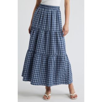 Princess Polly Rockwell Check Tiered Midi Skirt in Navy Check at Nordstrom, Size 10
