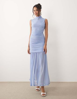 Asos Vestito celeste arricciato con vita scesa e scollo rotondo-Blu