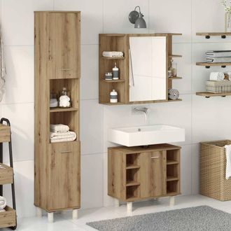 Berkfield Home Durable 3 Piece Bathroom Furniture Set Artisan Oak Engineered Wood in Brown