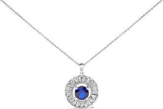 House of Brilliance Sterling Silver Lab Grown Sapphire and Baguette Diamond Medallion Pendant Necklace