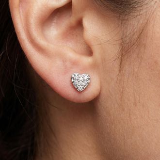 Pompeii3 14K White Gold Diamond Pave Small Heart Studs Dainty High Polished 5.7MM