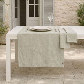 Febronie Camino de mesa + 4 servilletas algod&oacute;n 50x150 verde aceituna