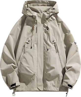 Generic 2025 Mens Jacket Mens Hooded Outdoor Jacket Long Sleeve Pocket Solid Color Unisex Leisure Outerwear Fall Outerwear Men (Khaki, L)