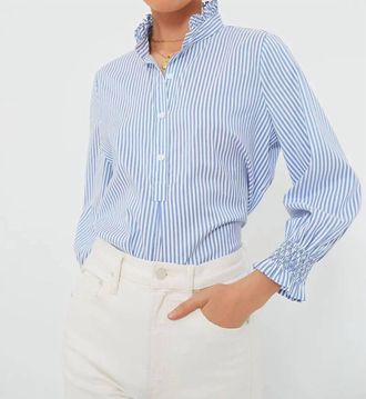 Fate Womens Stripe Pattern Ruffled Stand Collar Top In Blue