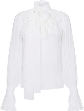 Elisabetta Franchi Blouse van georgette met strikceintuur - Dames - Blouses & Shirts - Wit - Maat: L Poliester