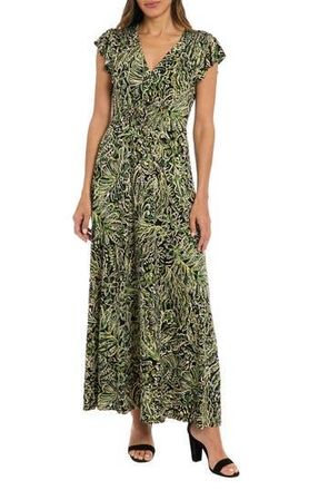 London Times V-Neck Flutter Sleeve Maxi Dress in Black/Juniper at Nordstrom Rack, Size 4P