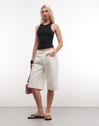 Liquor & Poker Jorts in denim &eacute;cru con borchie perle-Bianco