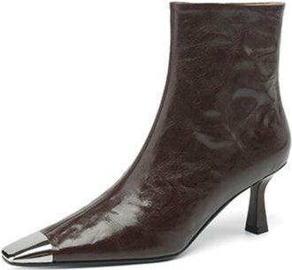 Generic Women Square Toe Leather Ankle Boots Stiletto Heels Metal Toe Cap Side Zipper Comfortable Non Slip Durable Dressy Party Office Fall Winter Shoes,Brown