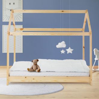 ML Design Ml-design - Cama Infantil 80x160cm Con Techo Y Somier Estructura Listones De Madera De Pino Maciza Color Natural Forma De Casita Dise&ntilde;o Creativo Muebl