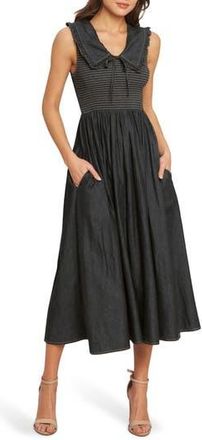 Flying Tomato Ruffle Collar Sleeveless Fit & Flare Denim Midi Dress in Dark Indigo at Nordstrom Rack, Size Medium