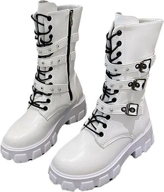 Generic Punk Style Thick Bottom Ankle Boots Womens Large Size Knight Boots Cross-Border Long Boots Round Toe Rubber Outsole(WHITE,7.5 UK)