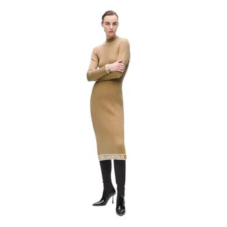 Karl Lagerfeld Kleedjes, Dames, Beige, M, Katoen, Ribbed Knit Midi Jurk