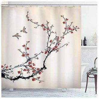 OEM Cortina De Ducha De Color Natural Con Estampado De P&aacute;jaros De Estilo Art&iacute;stico, Decoraci&oacute;n De Ba&ntilde;o De Tela Con Ganchos, 180 X 180 Cm, Negro-burdeos - 
