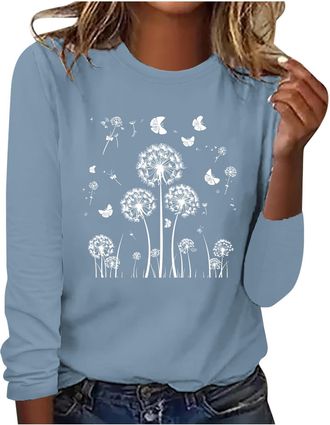 Generic Casual Dandelion Print Sweatshirt for Women UK 2025 Fall Long Sleeve Crew Neck Loose Fit Pullover Tops Dressy Comfy Solid Color Going Out Blouse Ladie