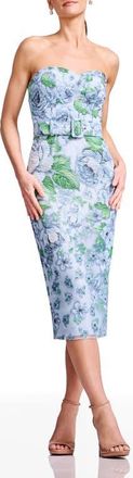 Dress The Population Shailene Belted Embroidered Floral Strapless Midi Cocktail Dress in Sky Multi at Nordstrom, Size Xx-Small