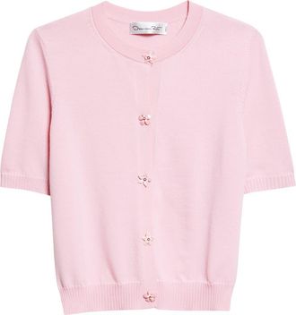 Oscar De La Renta Floral Button Crop Virgin Wool Cardigan in Pink/Pink at Nordstrom, Size X-Large