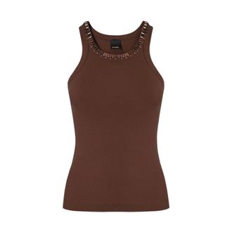 Pinko Sleeveless Tops, female, Brown, Size: S Ribbed Scoop Neck Sleeveless Top