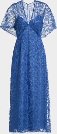 Lela Rose V-Neck Tulip Lace Cape-Sleeve Midi Dress