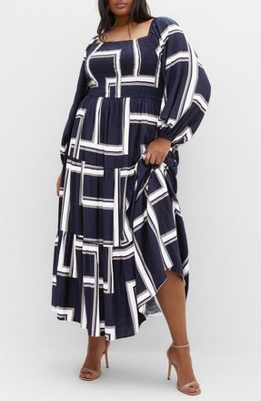 City Chic Leila Print Long Sleeve Maxi Dress in Sleek Stripes Navy at Nordstrom