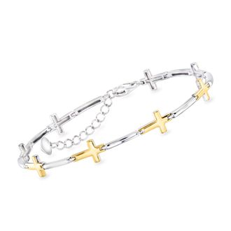 Ross-Simons Sterling Silver and 18kt Gold Over Sterling Cross Bracelet