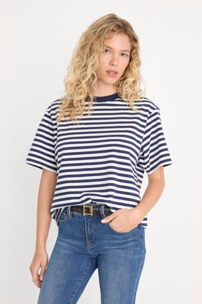 Good American Womens The OverSized T-Shirt | Clean Stripe Horizon Ink, Size Medium | Good American by Khlo&Egrave; Kardashian