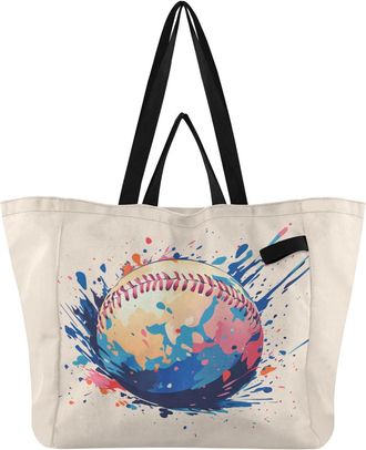 Generic Baseball Beige pattern Reusable Canvas Tote Bag, Heavy Duty Grocery Shopping Bag with Hard Bottom Large Capacity Double Handles Work Groceries Travel