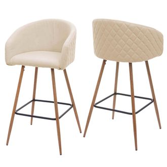 Hhg Hhg - Juego De 2 Taburetes De Bar 201, Taburete De Bar Taburete De Barra Taburete De Cocina Con Respaldo, Aspecto Madera Metal, Tela/textil, Crema-bei