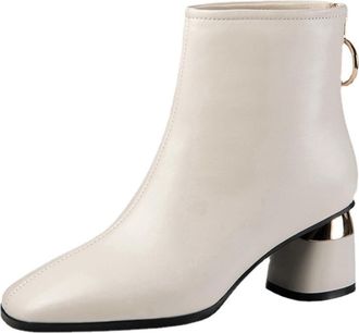 Generic Womens Square Toe Ankle Boots PU Leather Block Heels Back Zipper Metal Ring Decor Stylish Comfortable Non Slip Durable For Casual Office Evening Party