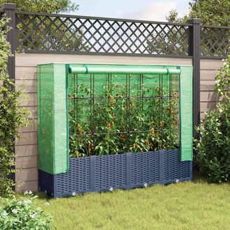 Berkfield Home Raised Bed with Greenhouse Cover Rattan Look 160x40x138 cm in Dark Blue | Size: 160 x 40 x 138 cm
