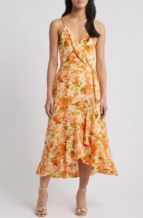 Chelsea28 Faux Wrap Midi Dress in Orange- Green Rebecca Floral at Nordstrom, Size Xx-Small