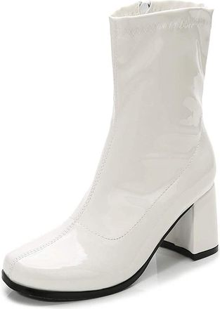 Generic Gizelle Womens Go Go Boots Mid Calf Block Heel Zipper Boot Ankle Boots Low Block Heel Short Boots Shoes (White Patent, uk_footwear_size_system, adult,