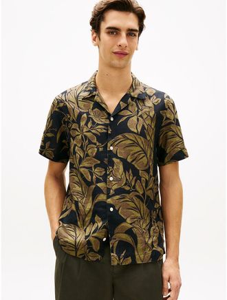 Tommy Hilfiger Mens Tropical Print Linen Camp Shirt - Navy - XL