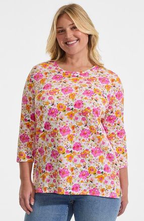 Lands End 3/4 Sleeve Cotton Supima Tunic in White Multi Painted Blooms at Nordstrom, Size 2X