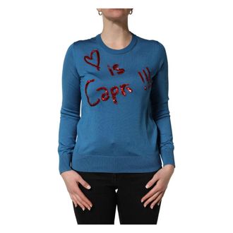 Dolce & Gabbana Round-neck Knitwear, female, Blue, Size: S Silk Sequined Crew Neck Pullover Sweater