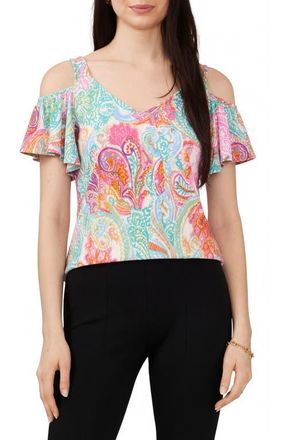 Chaus Print Cold Shoulder Top in Aqua/Pink/Multi at Nordstrom, Size Medium