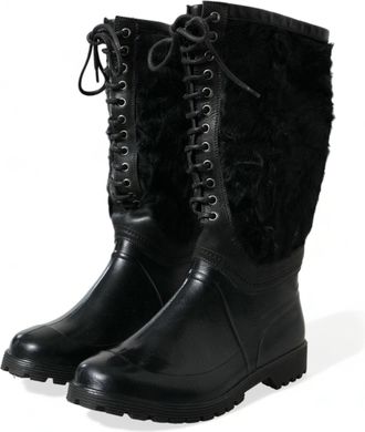 Dolce & Gabbana Mens Black Rubber Lace Up Shearling Rain Boots Shoes