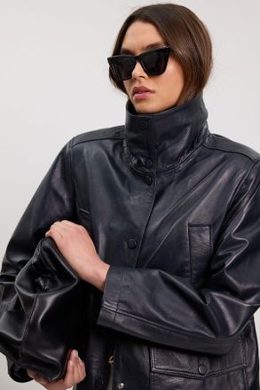 Karen Millen Womens Leather Oversized Jacket - Navy - Size 12 UK