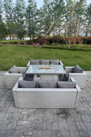 Fimous Rattan Garden Furniture Set Gas Fire Pit Dining Set Heater Burner Lounge Sofa Chairs Outdoor in Light Grey