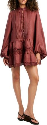 Bardot Antonia Lace Trim Long Sleeve Linen Minidress in Chestnut at Nordstrom, Size 10