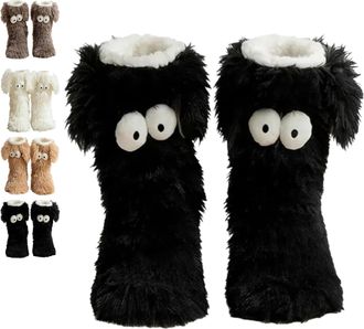 Generic Muffle Friends Cozy Socks, Womens Winter Fuzzy Non-Slip Slipper Socks with Cute Big Eyes, Ultra Soft Warm Home Socks (Black)