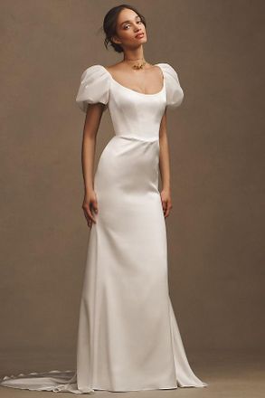 Watters Willowby by Watters Collins Puff-Sleeve Satin Column Wedding Gown