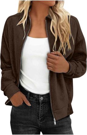 Generic Jacket for Women UK Casual Zip-Up Coat Loose Fit Drop Shoulder Long Sleeve Faux Suede Jackets Elegant Ladies Jackets with Pockets Solid Color Short Co