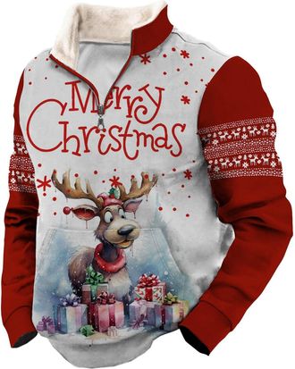 Generic Men Christmas Sweatshirt 1/4 Zip Ugly Christmas Jumper Long Sleeve Fleece Funny Printed Xmas Sweatshirts Mens Winter Warm Thermal Xmas Jumpers Pullove