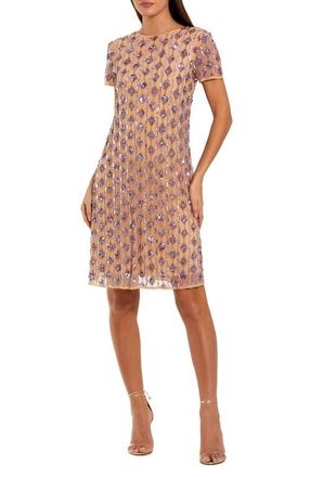 Mac Duggal Mesh Beaded Cap Sleeve A Line Above Knee Dress in Nude Lilac at Nordstrom, Size X-Large