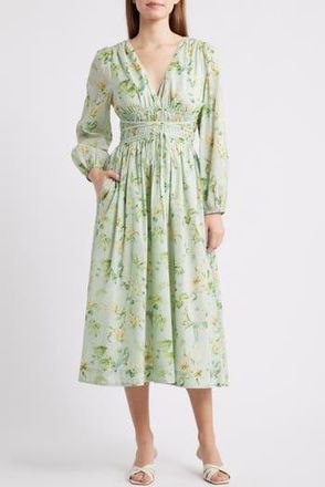 En Saison Rylee Floral Long Sleeve Cotton Midi Dress in Sage Olive Yellow at Nordstrom Rack, Size Large