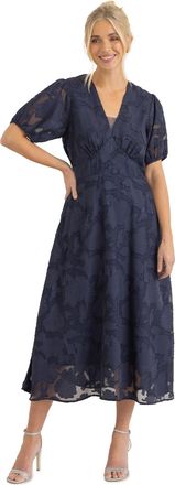 Klass Floral Burnout V Neck Midi Dress - Navy - 12